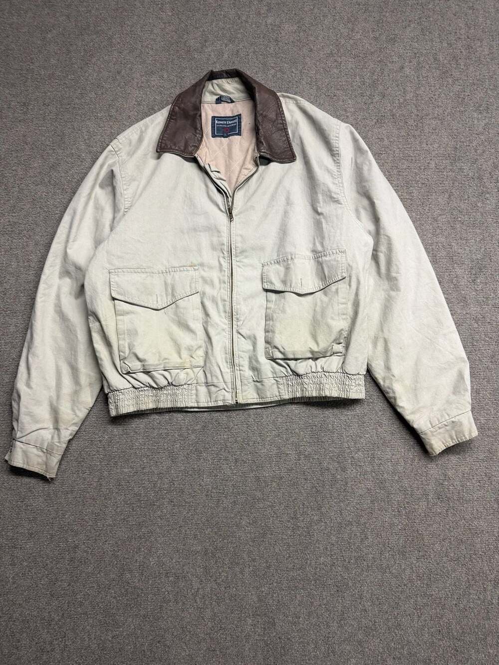 Kenneth Roberts Vintage Leather Collar Jacket Size L Beige Cotton